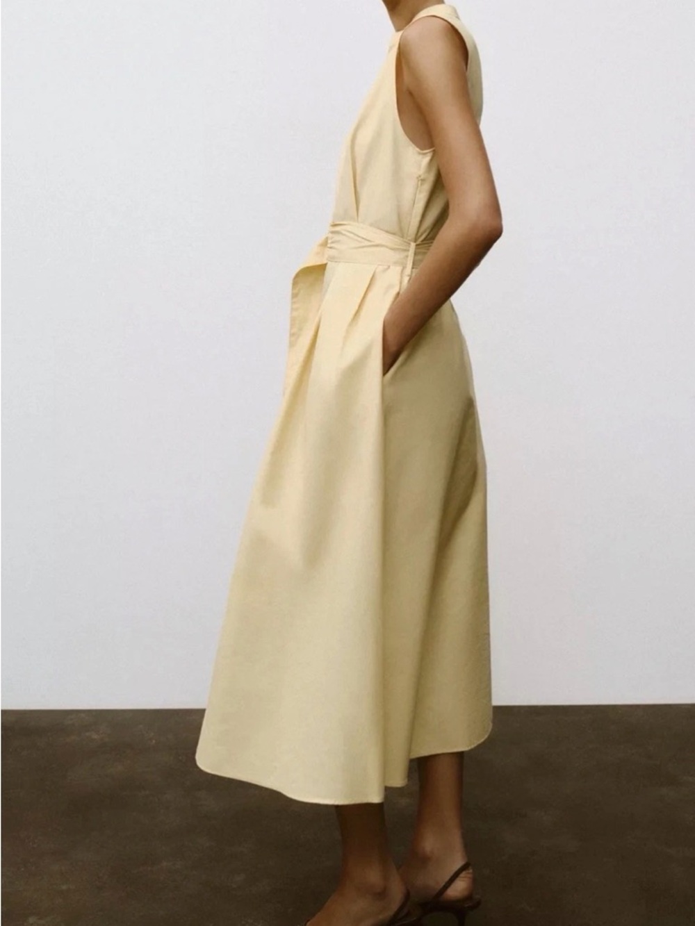 Zara Pale Yellow Sleeveless Belted Midi Dress new 100% cotton graduation - Picture 2 of 8